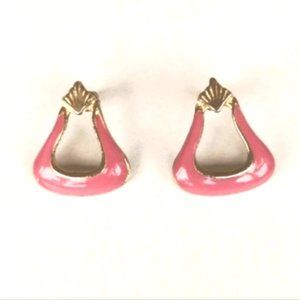 Vintage gold tone classic style stud earrings with soft pink enamel